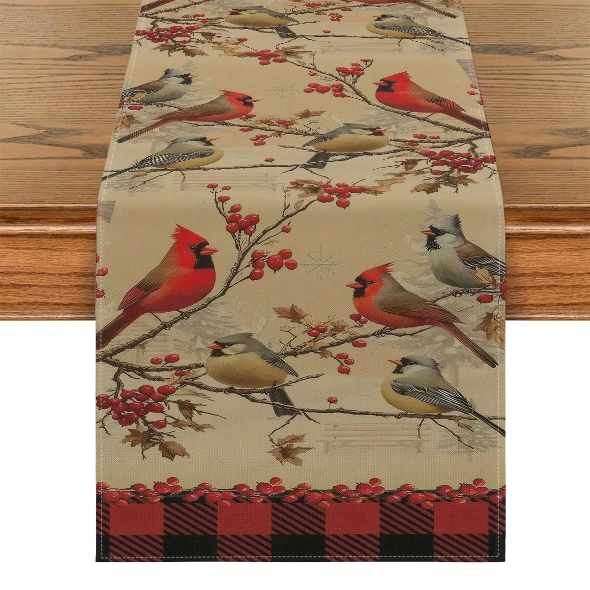 1pc Christmas Cardinal & Berry Linen Table Runner, 2D Flat Print, Multi-Season, Ideal for Dining Table & Living Room Nature Deco