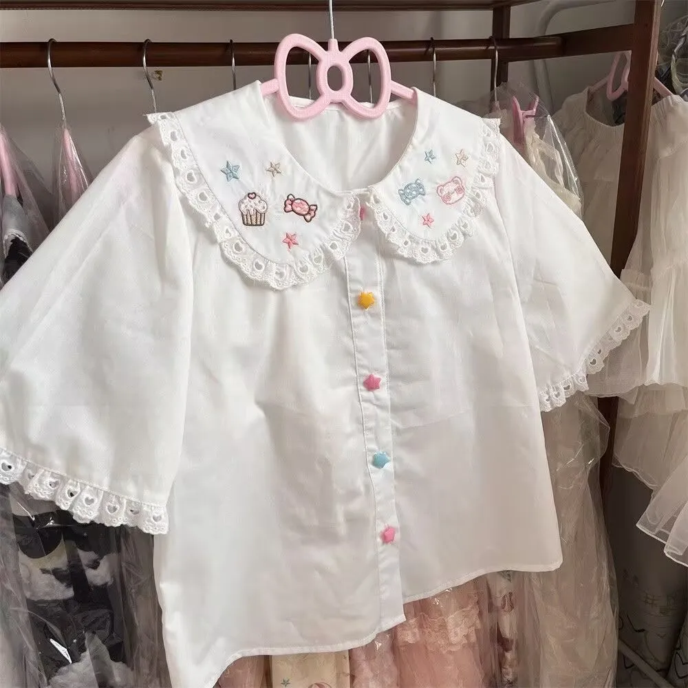 بلوزات لوليتا صيفية يابانية بأكمام قصيرة قمصان نسائية لطيفة كاواي تلميذة دانتيل وكشكشة مطرزة قمصان أنيقة Y2k Mujer