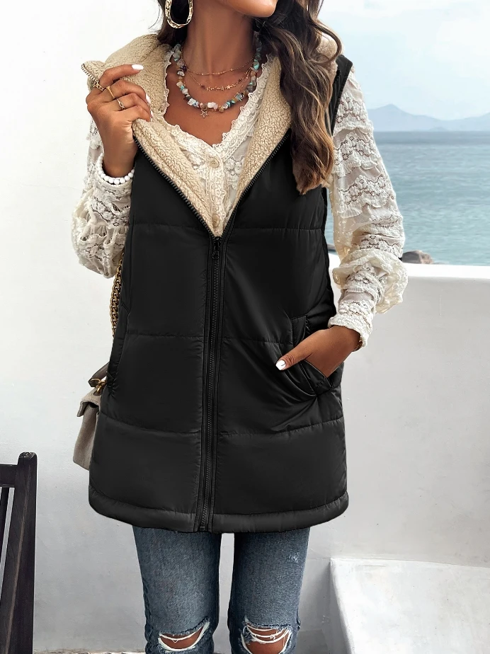 Cappotto invernale da donna, pendolarismo allentato, giacca in cotone con cappuccio di media lunghezza, gilet caldo senza maniche con giacca da donna in cotone ispessito