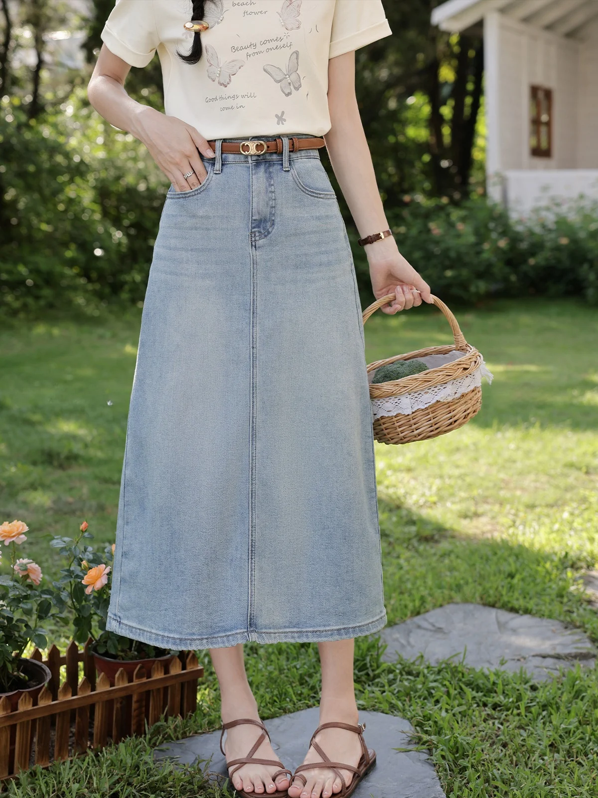 

Light Blue Asymmetrical Slit Denim Skirt Women's Summer Thin Small Size Elegance Skirt Commute Style mid Waist A-Line Skirt