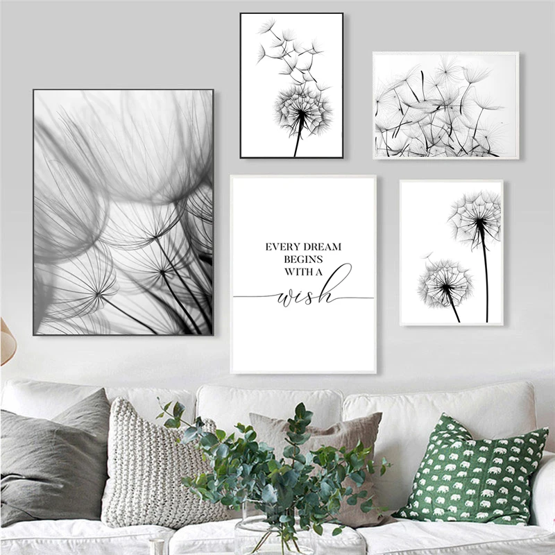 

Modern Black White Wish Wall Art Canvas Painting Dandelion Quote Poster Artwork Print Picture for Interior Living Room Decor