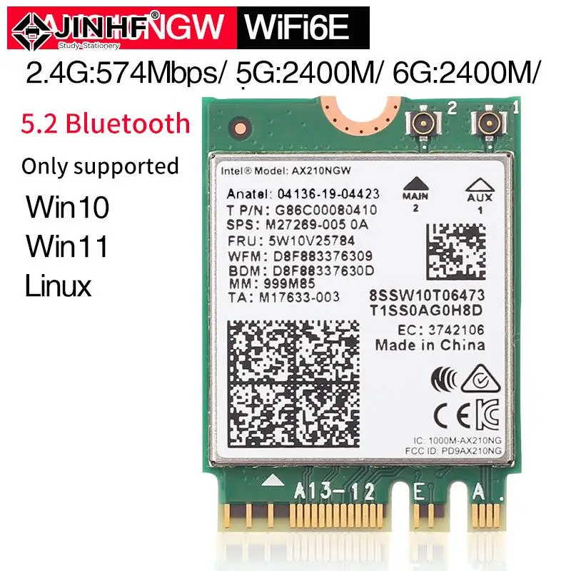 Tarjeta inalámbrica para ordenador portátil y PC, AX210 6E para Intel adaptador WiFi, Bluetooth 5,3 M.2, AX210NGW, 2,4 Ghz, 5Ghz, 6Ghz, 5374Mbps, 802.11ax