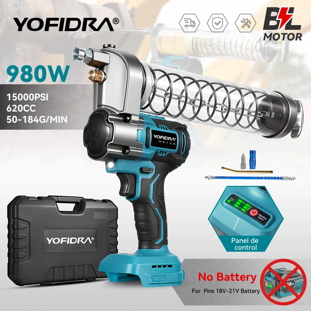 YOFIDRA 15000PSI High Pressure Electric Grease Gun Cordless Lubricating Bearing Oil Injector Tool For Makita 18V Battery Pin