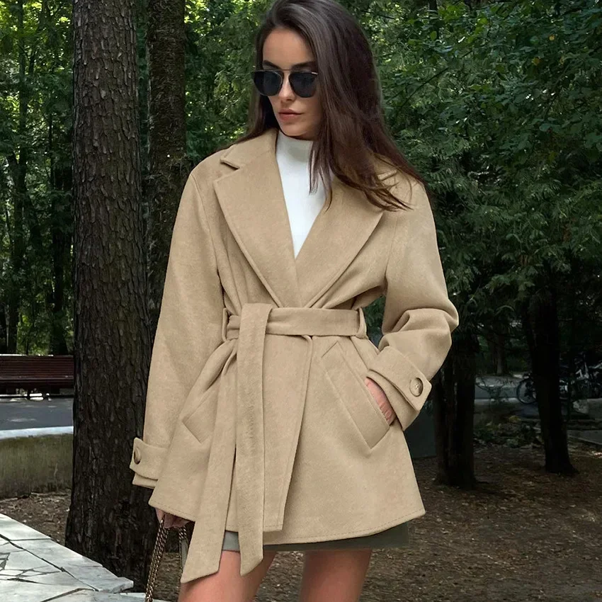 

Retro khaki woolen suit collar trench coat European, American autumn and winter new casual loose women's clothing