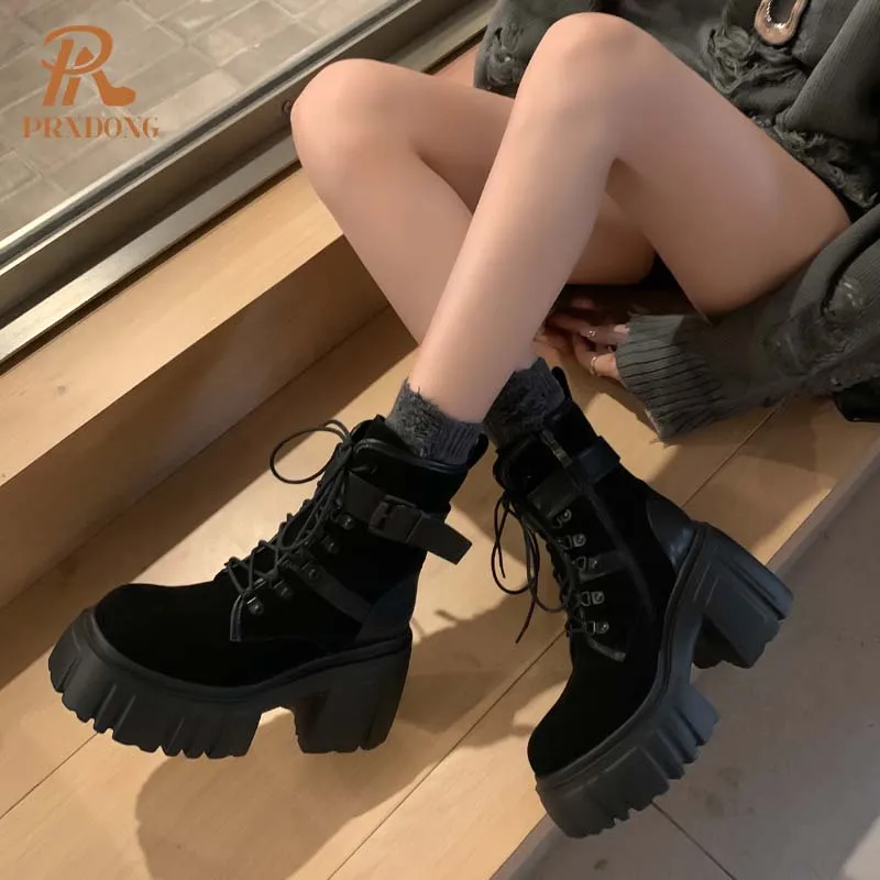 PRXDONG Top Qulaity Genuine Leather Women Shoes Chunky High Heels Platform Black Punk Dress Casual Lady Motorcycle Boots 34-39