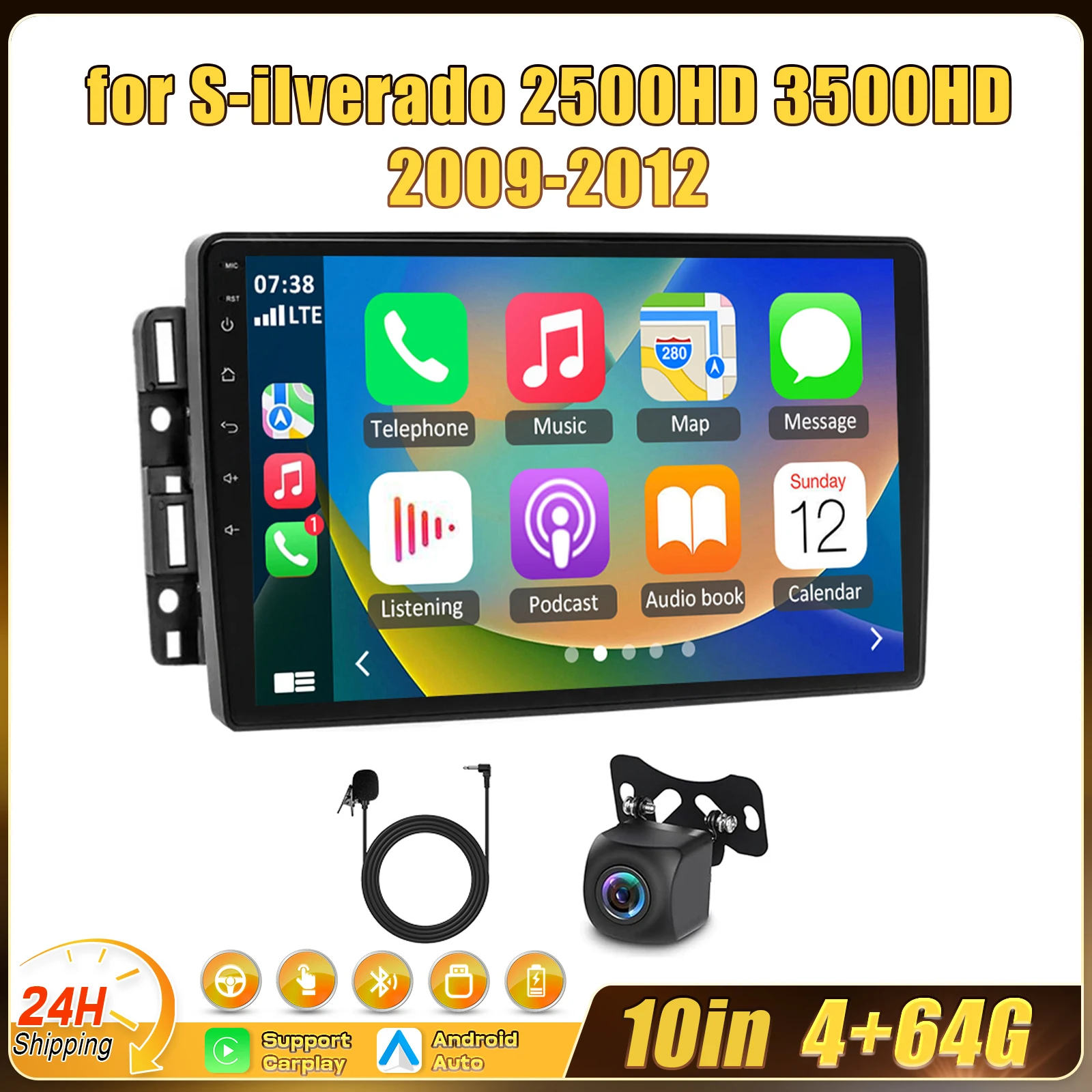 10in 4+64G Car Stereo for S-ilverado 2500HD 3500HD 2009-12 with Carplay Android Auto GPS Navigation Touchscreen Car Radio Player