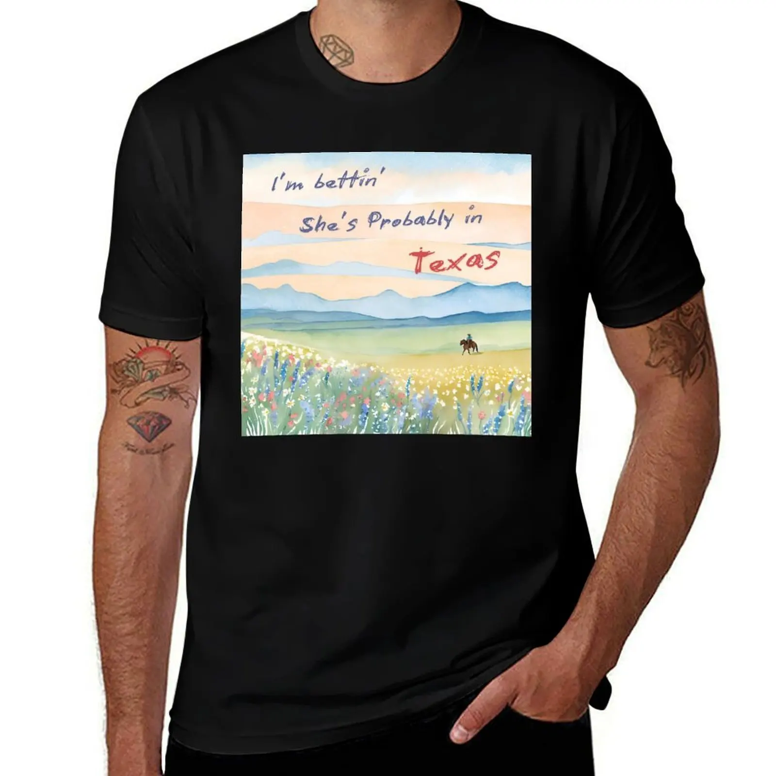 She’s Probably in Texas – Wildflower Cowboy Scene T-Shirt Casual Trendy Short Sleeve T-Shirt