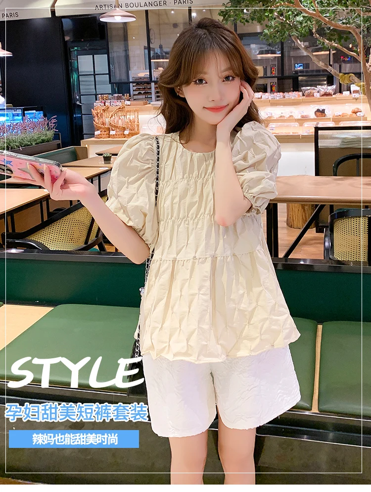 2024 Summer Maternity Tops Short Sleeve O-neck Pregnant Woman Pleated Shirts Fashion Pregnancy Sweet Blouses Blouses Black Beige