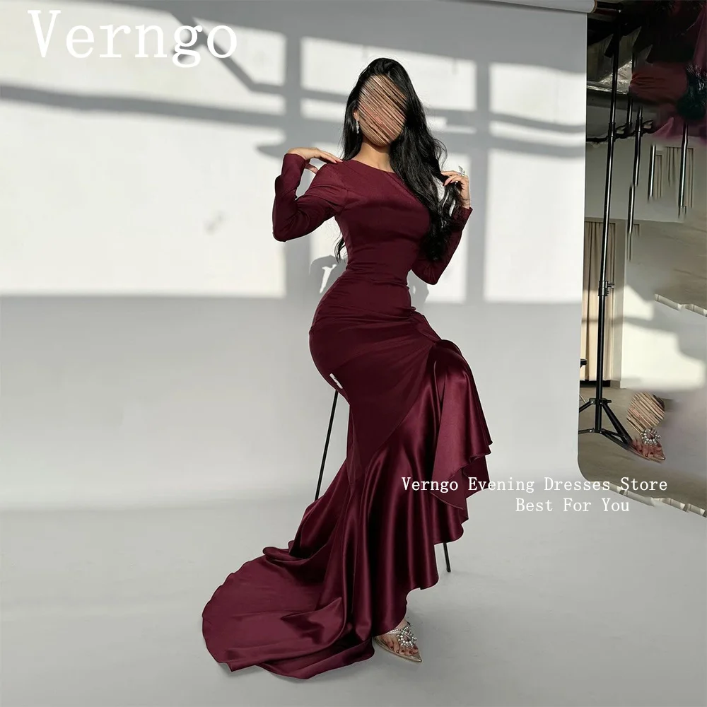 Verngo Burdungy Crepe Prom Gown Saudi Arabic Mermaid Party Dress Sweap Train Full Sleeves Evening Dress Simple Formal Dress