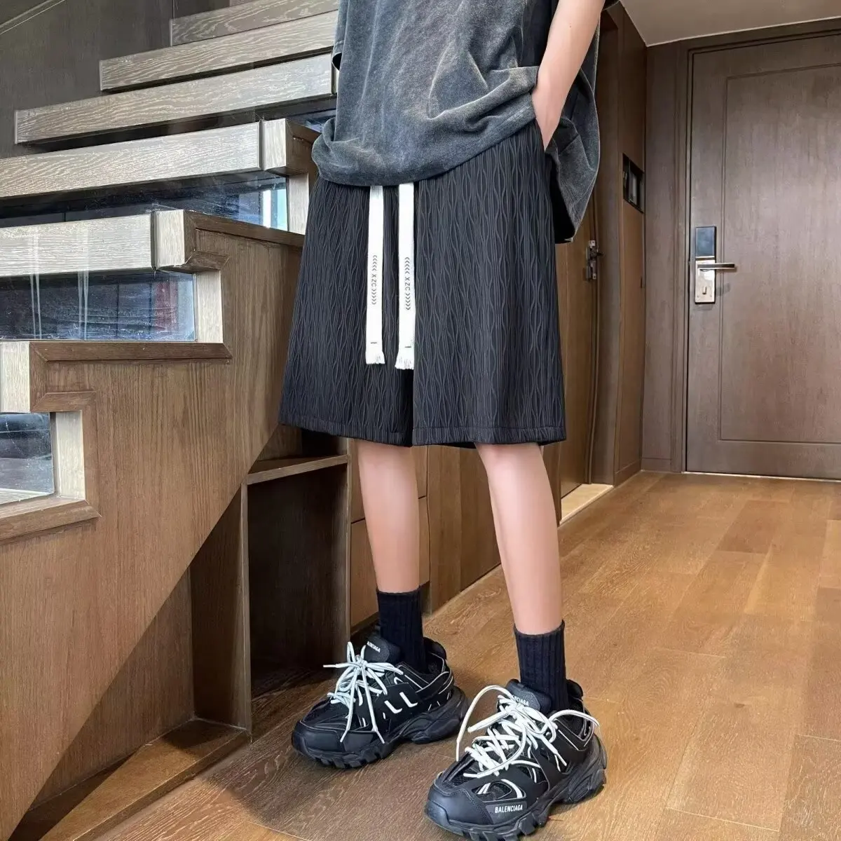 

Men's Summer Thin Qui Dry Ice Silk Five-Quarter Casual orts Loose Comfortable Spor mid Waist Straight Leg Pure Color