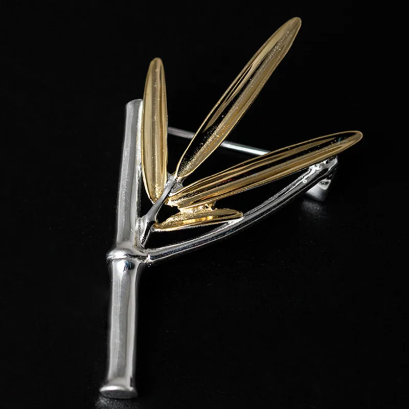 Amxiu Sterling Silver S925 New Chinese Style Handmade Bamboo Leaf Collar Needle Ethnic Style Bamboo Brooch Pin Fashion Jewelry