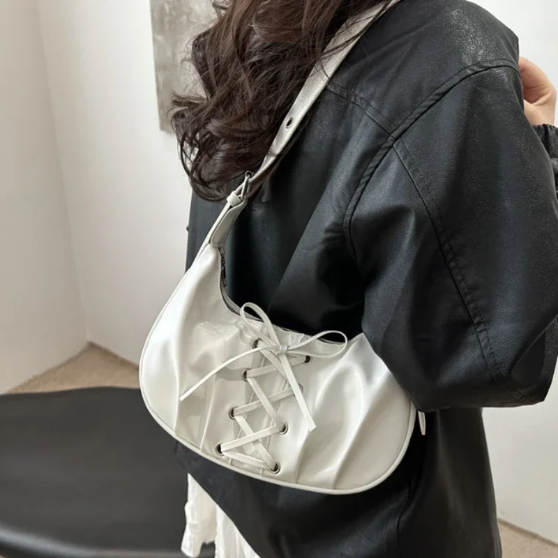 

Sweet Bowknot Cool Girls Underarm Bags Pleated Design Women's Shoulder Crossbody Bag Simple Soft Pu Female Handbags Purse
