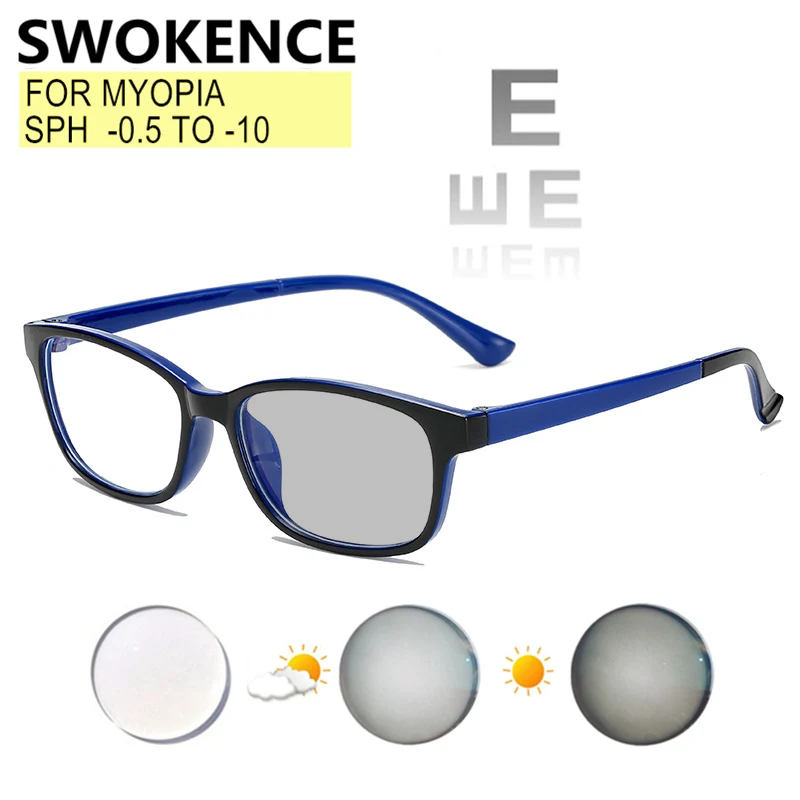 

SWOKENCE Myopia Glasses Prescription -0.5 to -10 Women Men Anti Blue Ray Photochromic Nearsighted Eyeglasses Astigmatism F519