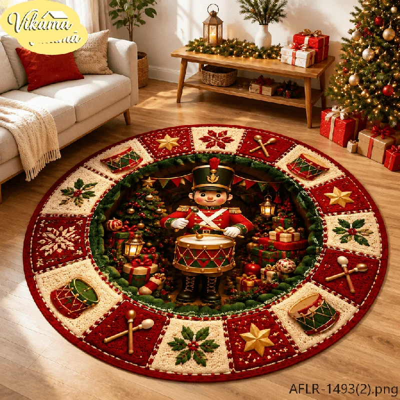 VIKAMA Christmas Nutcracker Soldier Faux Knitted Round Rug Anti Slip Absorbent Floor Mat for Dining Room Kids Room Holiday Decor