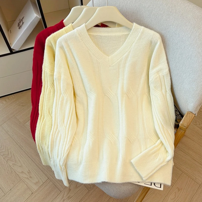 

Осень-зима, винтажные женские свитера с v-образным вырезом, новинка 2025 года, корейский повседневный свободный пуловер с длинными рукавами, женский топ