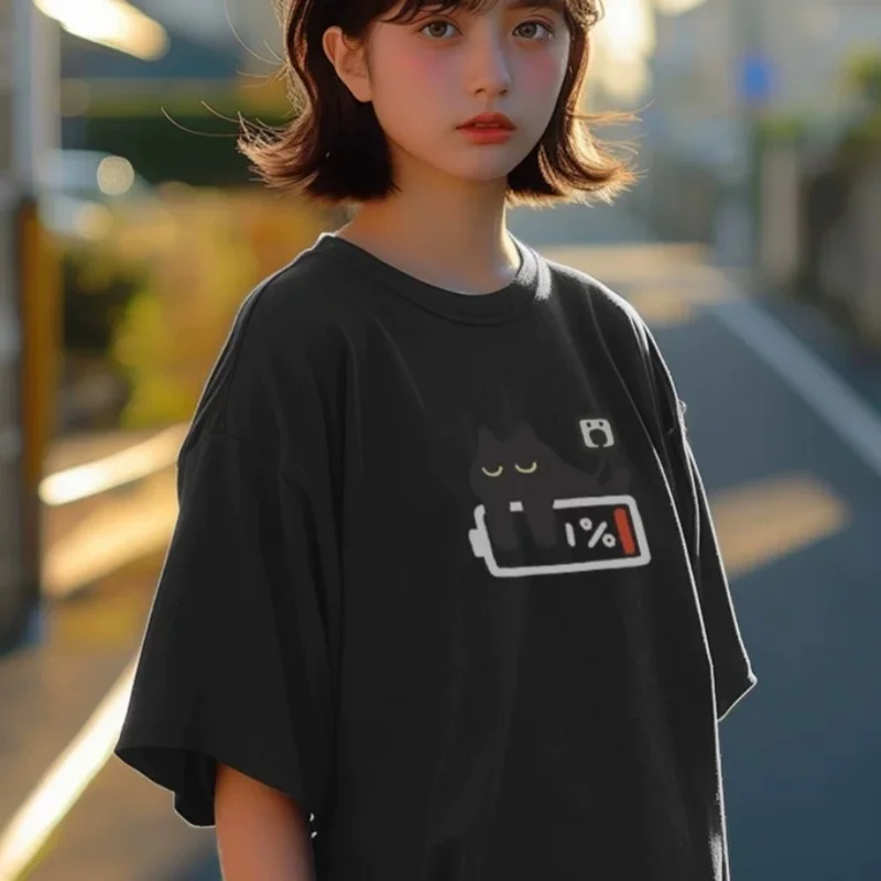 ZAZOMDE 2025 Man And Women T Shirts Funny Battery Cat Graphic Cotton TShirt Men's High Street Streetwear Loose Fit Tee Top 5xl
