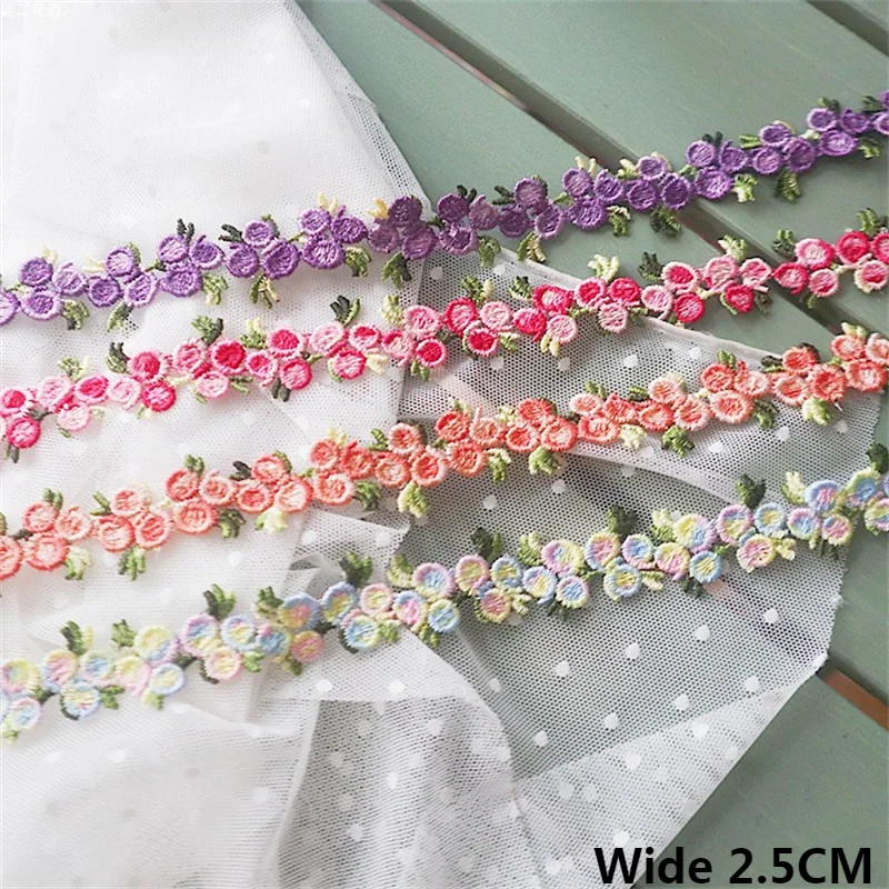 2.5CM Wide Colorful Rose Flower Embroidery Lace Trim Ribbon DIY Crafts Lolita Dress Collar Apparel Neckline Hat Sewing Decor