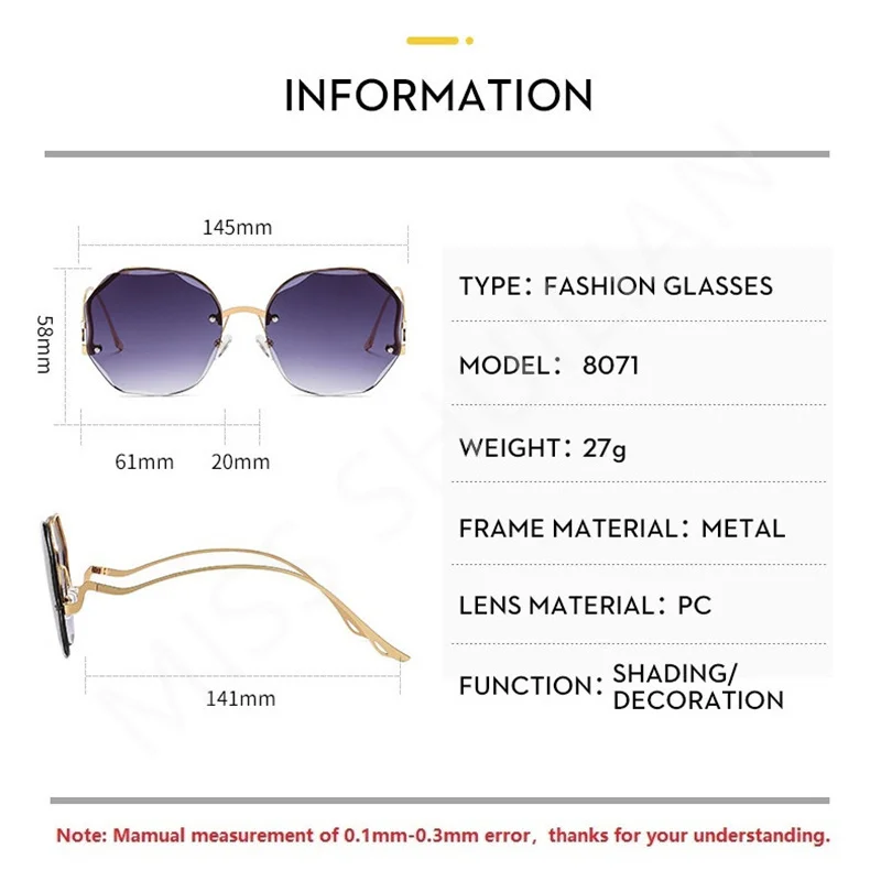 2024 Fashion Tea Gradient Sunglasses Women Ocean Water Cut Trimmed Lens Metal Curved Temples Semi Rimless Sun Shades Glasses New