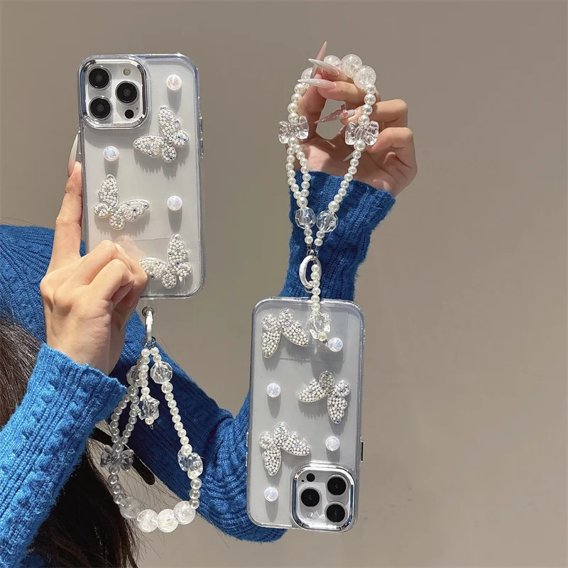 

CHAOYIDIAN Back Cover for IPhone 11 13 14 Plus 15 16Pro Max Case 3D Pearl Butterfly Bracelet Chain Hard Pc Shockproof Phone Case