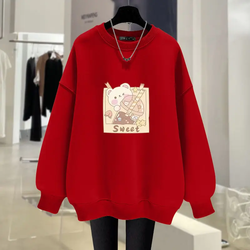 Women Clothing Fashion Loose Casual Pure Cotton Hoodies Autumn Y2k Chic O-neck Pullovers Vintage Cartoon Printed Sweatshirt