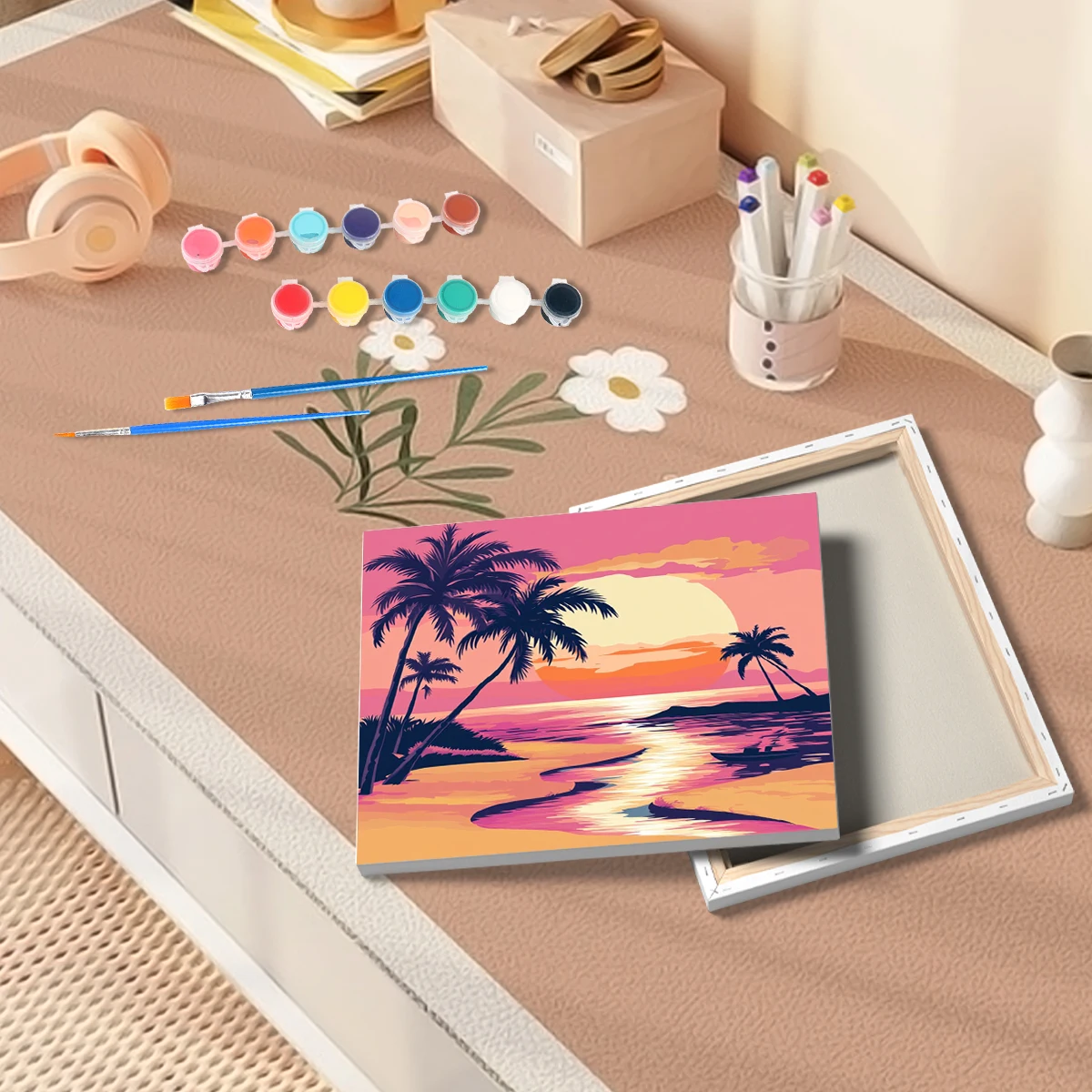 RUOPOTY Framed Paint By Numbers Kit For Beginner Beach Sunset Picture By Number Kits Drawing Kit Color By Number For Home Decors