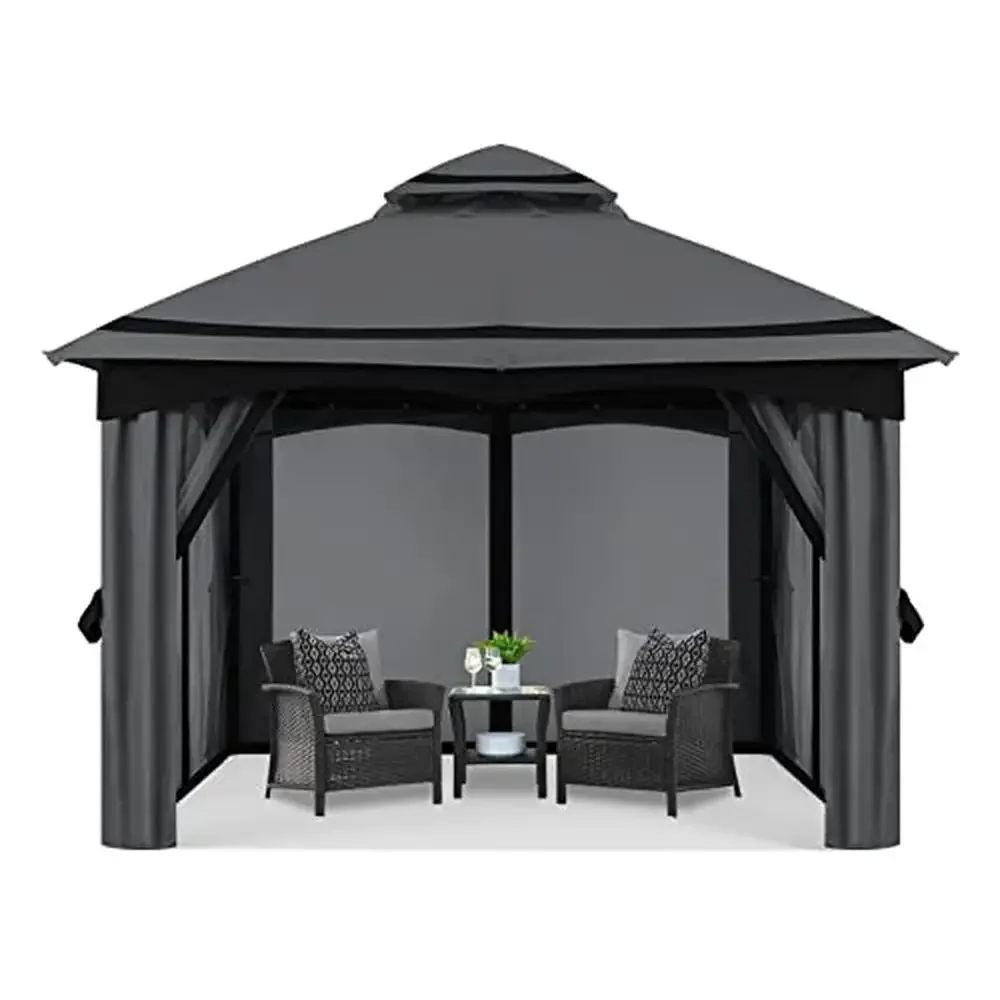 8x8FT Outdoor Patio Gazebo Mesh Wall Curtains Garden Shade Canopy Waterproof Dark Gray/Black 6-8 Person Party Wedding Picnic Kit