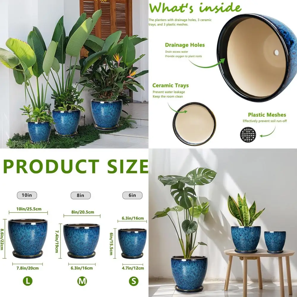 

Набор из 3 круглых горшков для растений с дренажем, 10, 8 и 6 дюймов, подходят для комнатных и уличных растений, синие