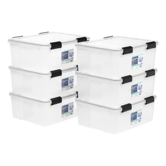 

31 Qt Heavy Duty Storage Boxes with Gasket Seal, 6 Pack, USA Made, Weatherproof Tote Bins, Clear/Black