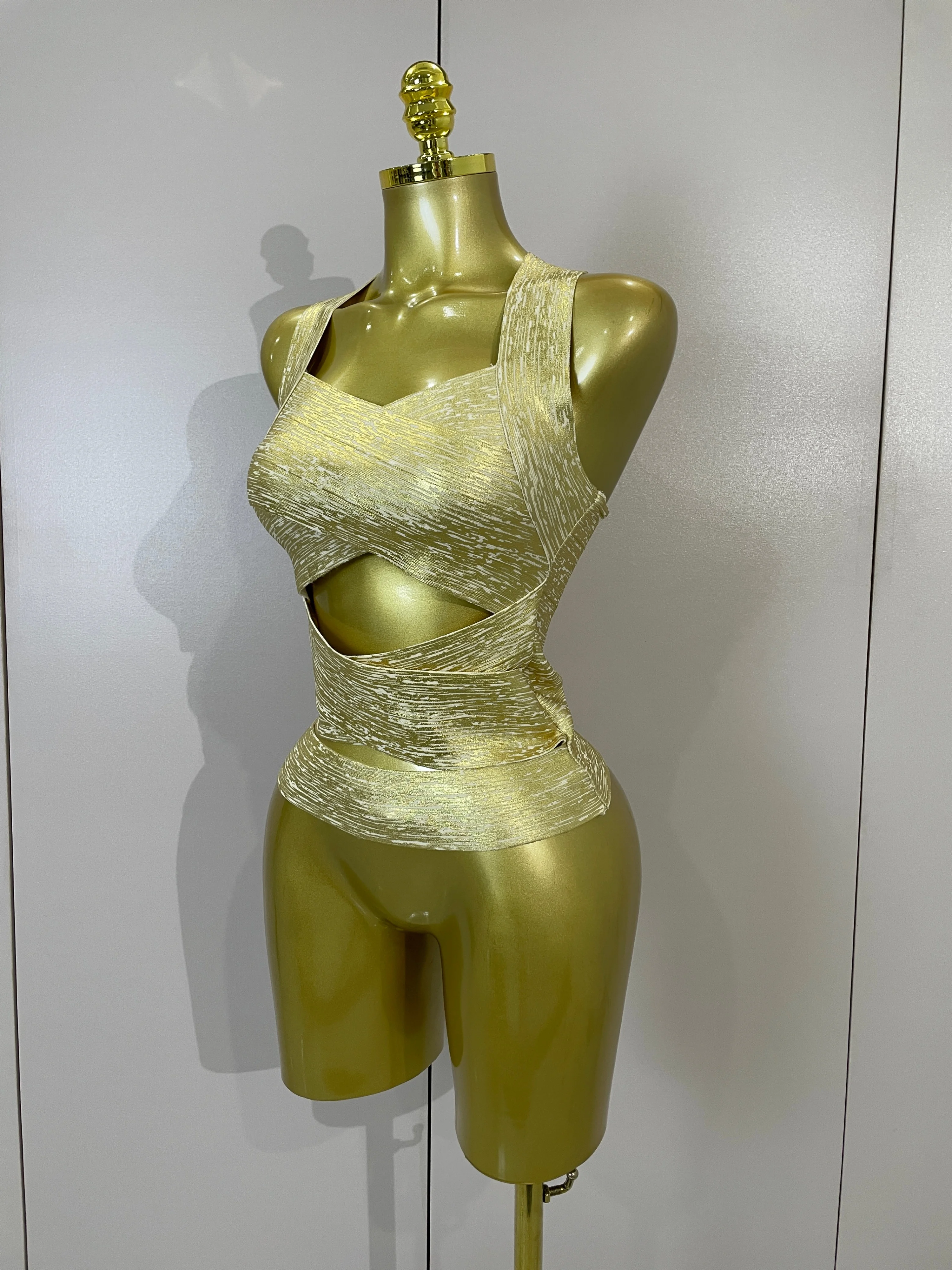 Sexy Sleeveless Hollow Out Golden Bodycon Bandage Vest Top Women Elegant Solid-color Evening Birthday Party Club Stage Outfit