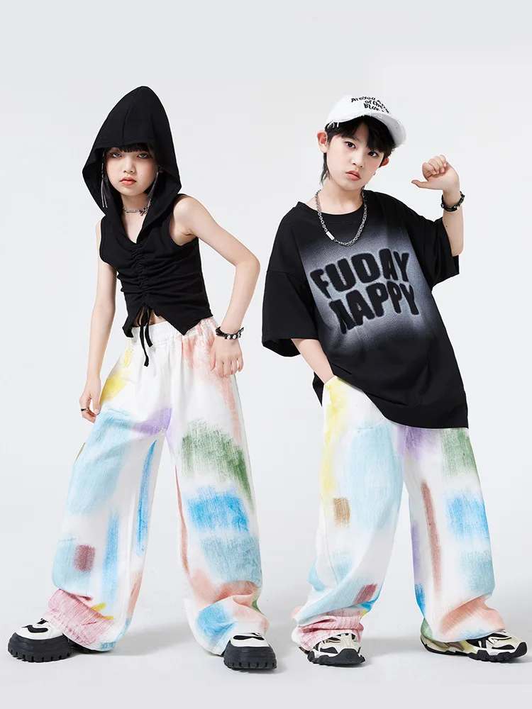 

Kid Hip Hop Clothing Black Drawstring Crop Hoodie Tank Top T Shirt White Print Baggy Pants for Girl Boy Dance Costumes Clothes