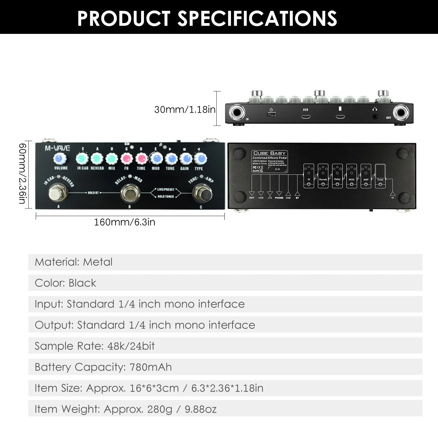 M-VAVE Cube BABY Multi Effects Processor for Electric Guitar/Bass/Acoustic Guitar 8 IR Cabinets Simulation Rechargeable Pedal