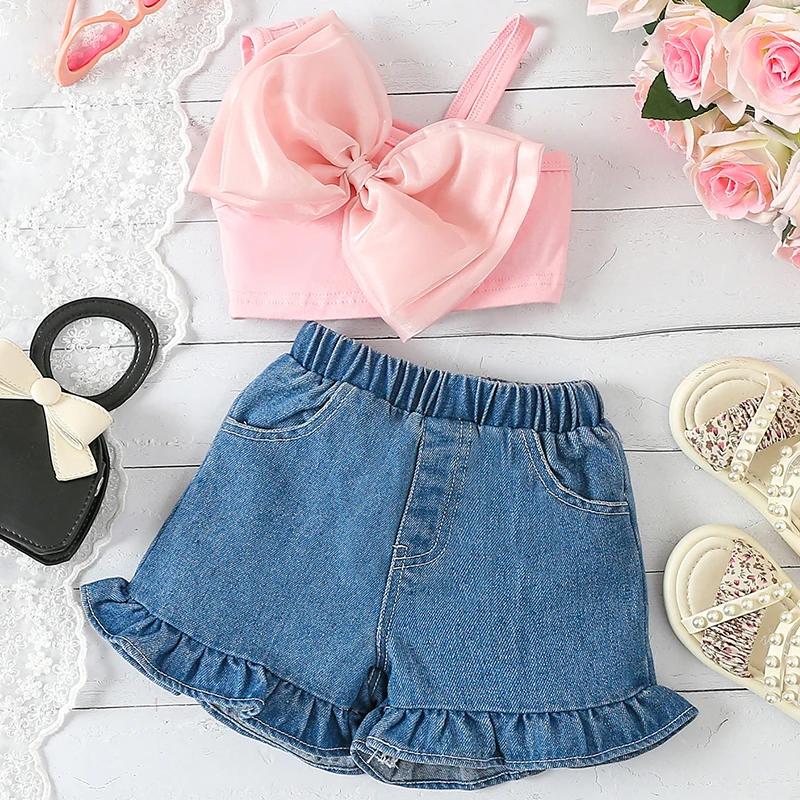 

2Piece Sets Summer Luxury Girls Clothing Fashion Pink Cute Big Bow Mesh Sleeveless Tops+Denim Shorts Baby Clothes Outfit BC539