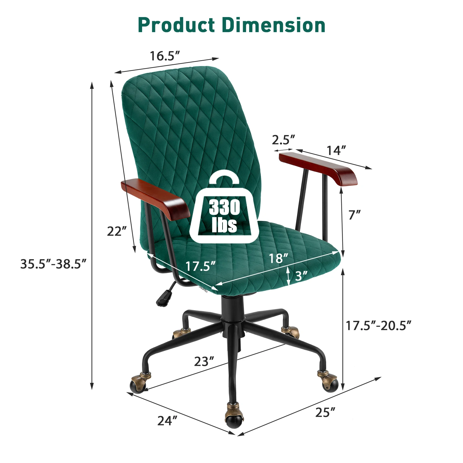 Velvet Home Office cadeira giratória com braço de madeira, cadeira ajustável, verde