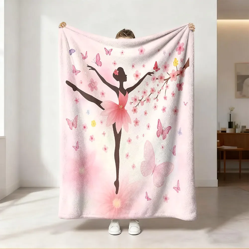 Ballerina Girl Throw Blanket Pink Cherry Blossom Butterfly Plush Blankets Bedroom Decor Sofa Nap Cover Cozy Bedding