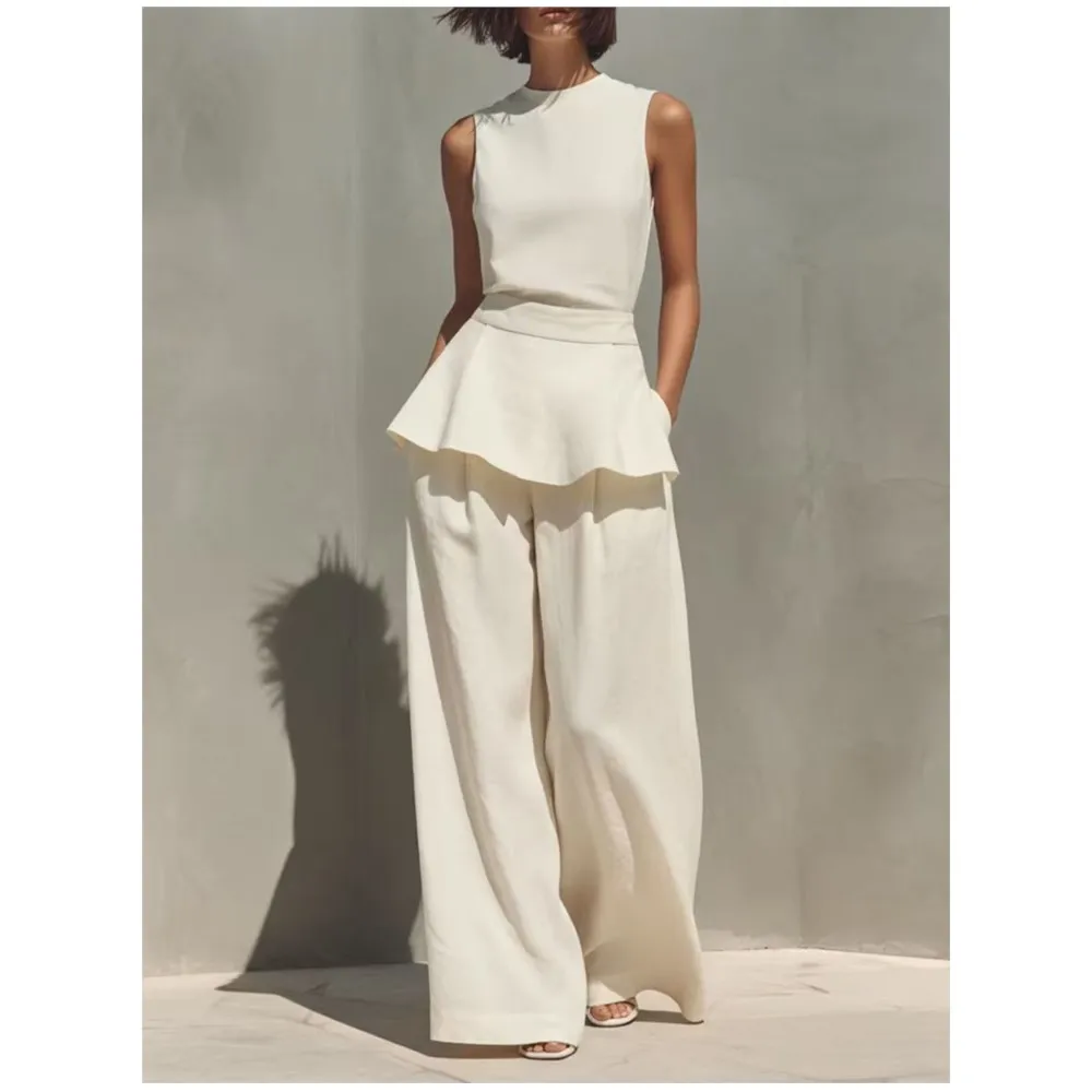 Women's Vest Vest Wide Leg Pants Cotton Linen 2-piece Set Summer Elegant Fashion Ruffled Hip-covering Trousers Female 2piece Set