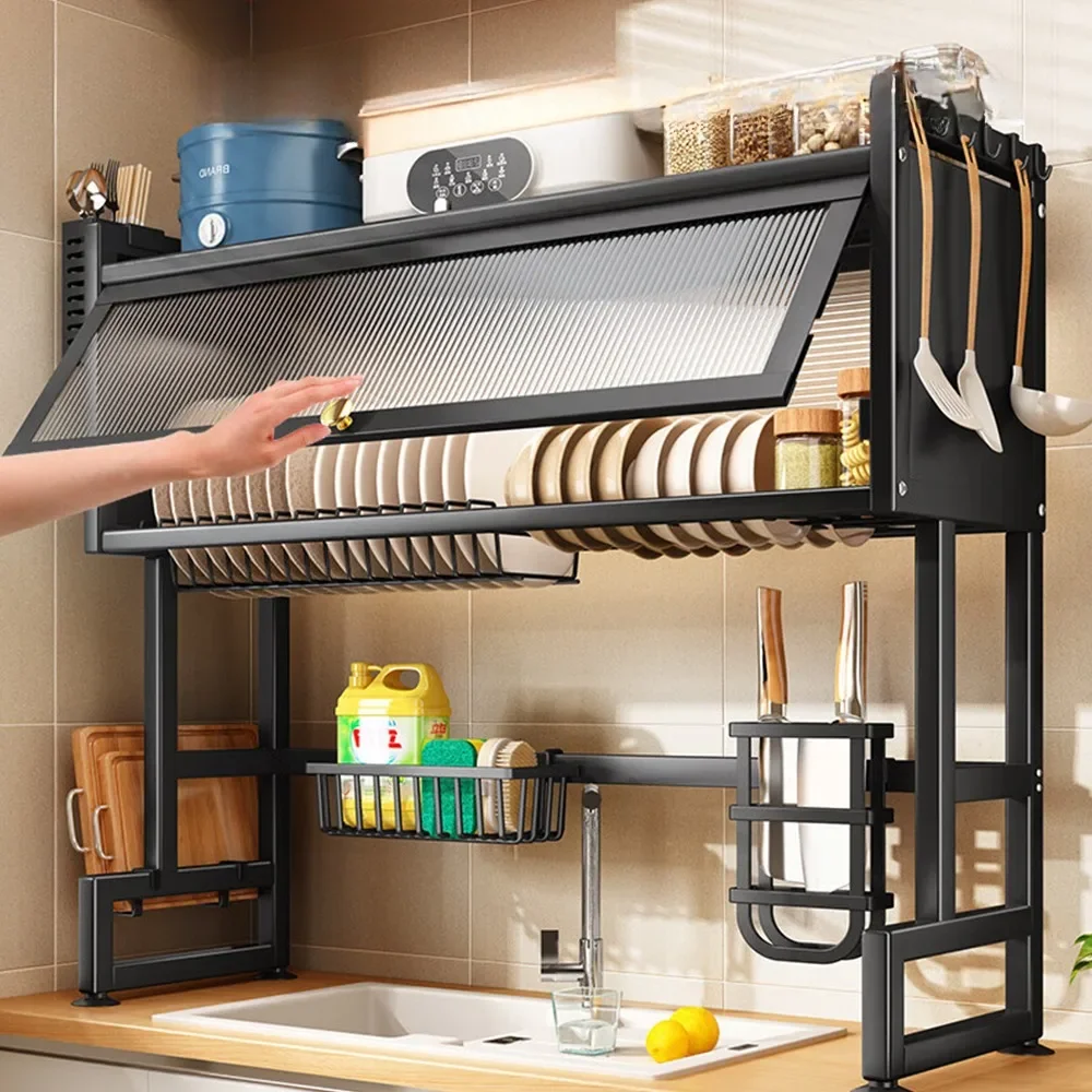 Bowl Tray Storage Rack Above Kitchen Sink, Dustproof Storage Rack for Tableware Kitchen Utensils, Drainage Rack for Tableware