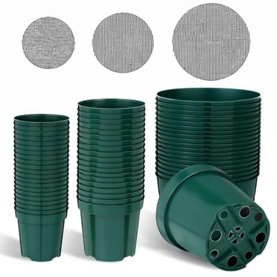 

50 Set Plastic Nursery Pots with Mesh Pad 4", 6", 8" Grow Sturdy Plastic Plant Pots Drainage Holes for Seed Starting Indoor Out