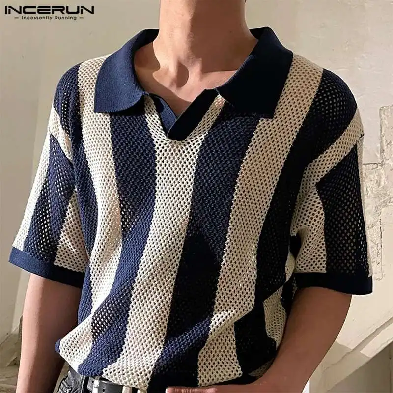 

INCERUN Men Shirts Summer Hollow Out Striped Tops Casual Male Lapel Short Sleeve Shirts S-5XL Tops Tee Oversize Chemise