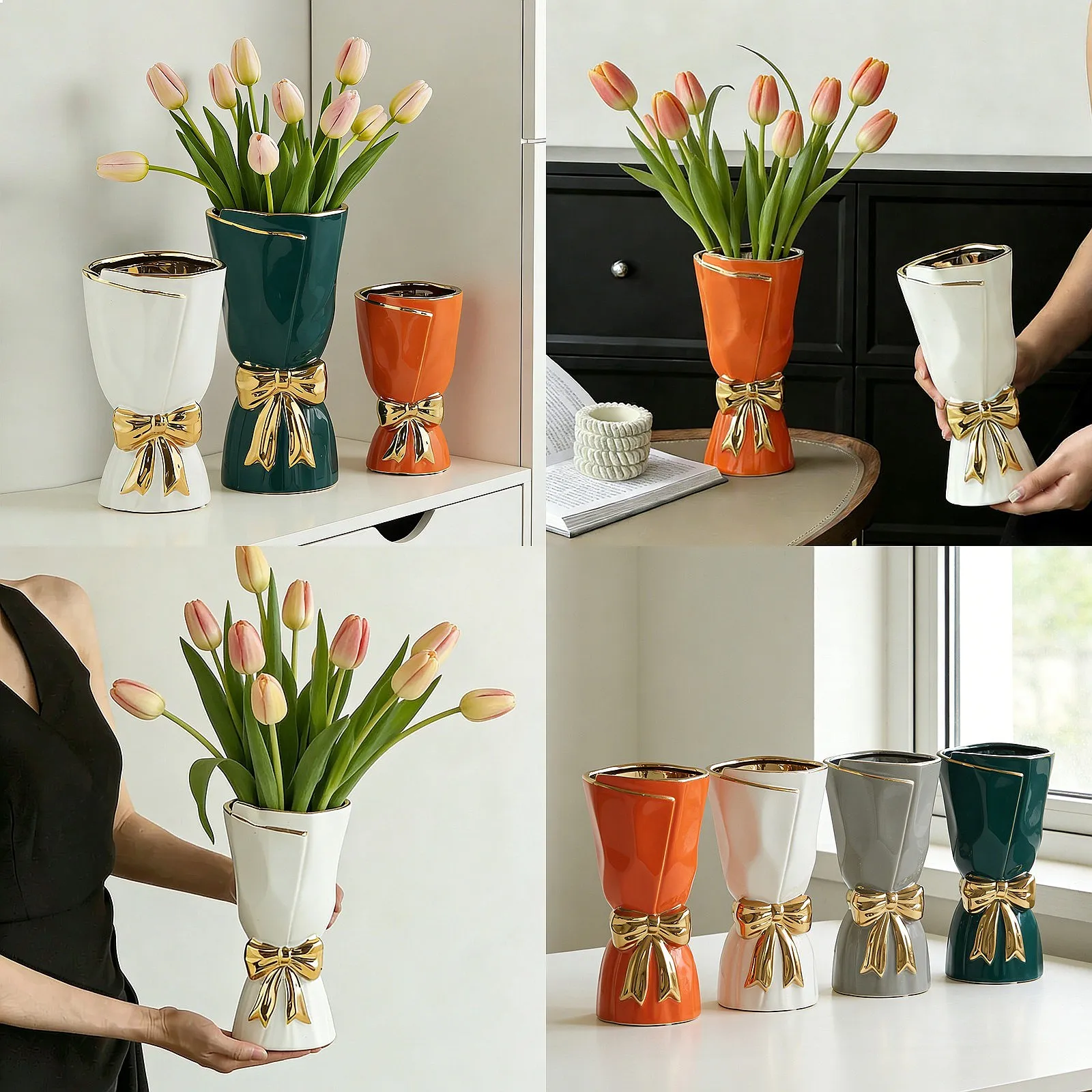 Nordic Minimalist Luxury Gold Rim Bow Ceramic Vase Flower Arrangement Home Decor Ornament  Home Decoration  Ceramic Vase