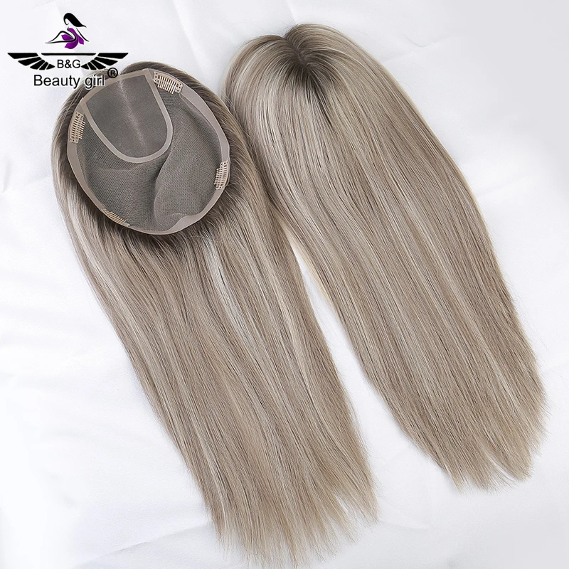 

Big Size 130% Density Double Draw Silver Remy Human Hair 8X10 Standard Hand Made Mono Topper For Women