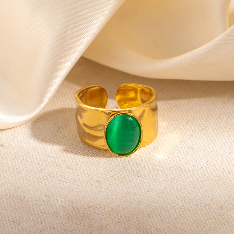 ENSHIR 316L Stainless Steel Colorful Stone Wide Face Wrinkle Open Ring for Women Men Elegant Noble Cool Jewelry Gifts Wholesale