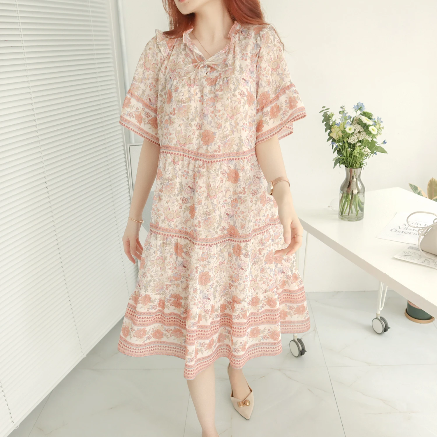 Dr lungo snellente stampato con cintura coreana Sle Pendolarismo floreale impreziosito vita ampia ort Sve Summer Dr