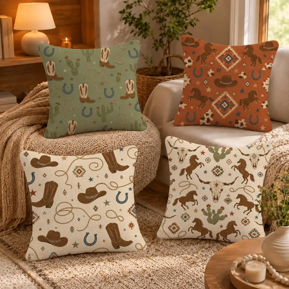 Pattern Western Cowboy Style Cushion Cover Short-Plush Cushion Cover Pillowcase — Suitable for Sofas Bedrooms and Home Decor