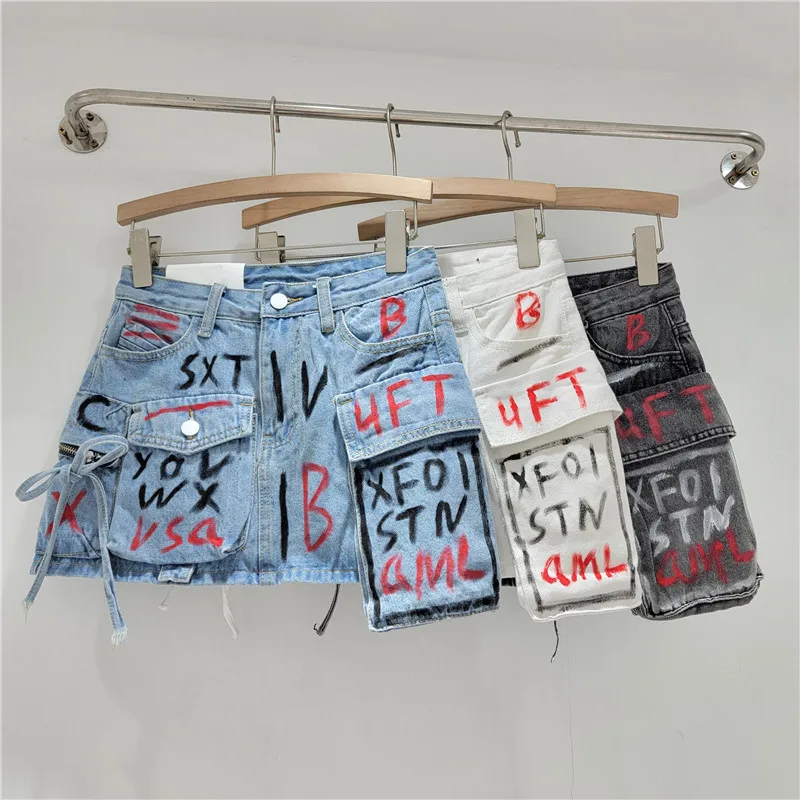 

Trendy Vintage Women's Print Letter Pocket Mini Denim Skirts 2024 Spring Fashion New Items High Waist Skirt Female