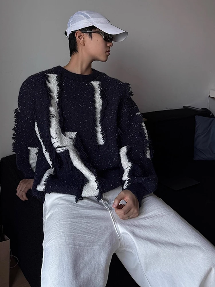 

Trendy Men's Knitted Sweater with Tassel And Hole Design Autumn Season Casual Wear Polyester Fiber Long Sve round Ne Top