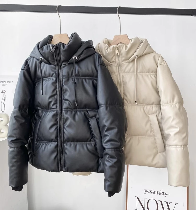 

Winter 2023 Trendy Hooded Loose Faux Leather Zipper Thickened Warm Cotton Jacket Outerwear Women's Fashion Cold Proof