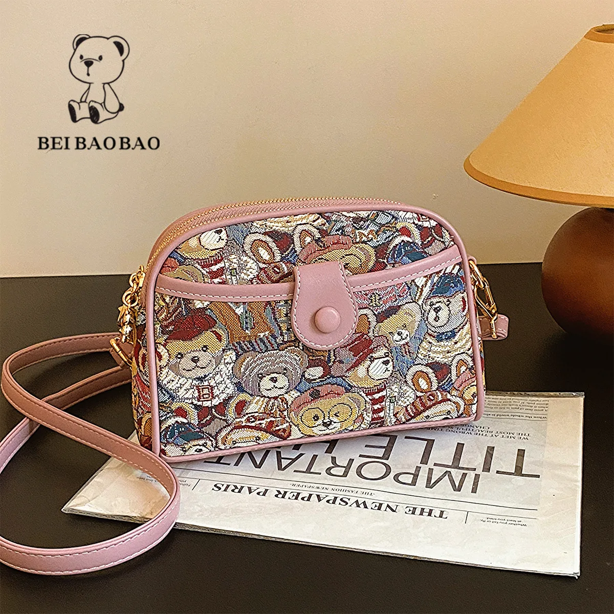 Beibaobao 2024 Summer New Canvas Bear Half Round Bag Small Square Bag Fashion Versatile One Shoulder Crossbody Bag Bolso de muje