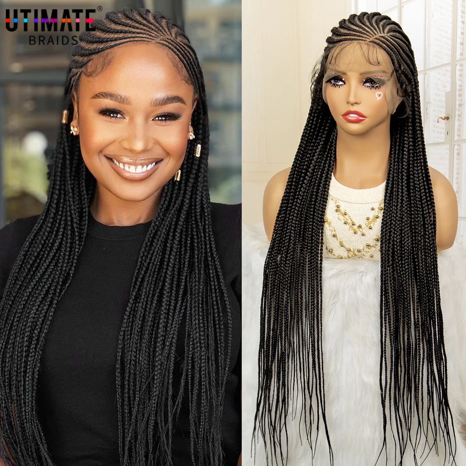 Full Lace Cornrow Braided Wigs for African Black Women 36 Inches Afro Knotless Box Braids Wig with Baby Hair Twist Braiding Wig