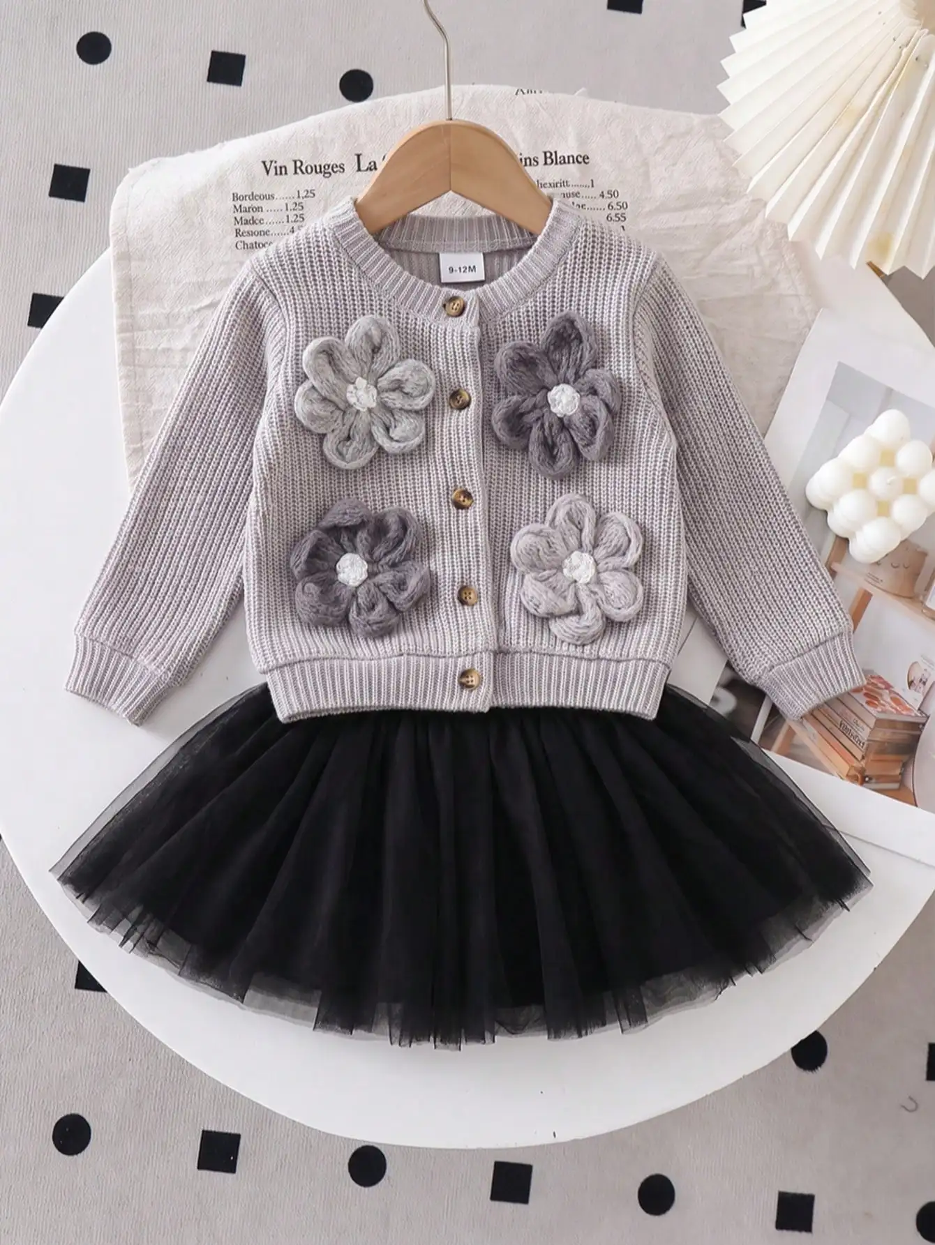 Pretty Baby Girl Grey Button‑Up Knit Cardigan Black Tulle Skirt 2‑Pieces