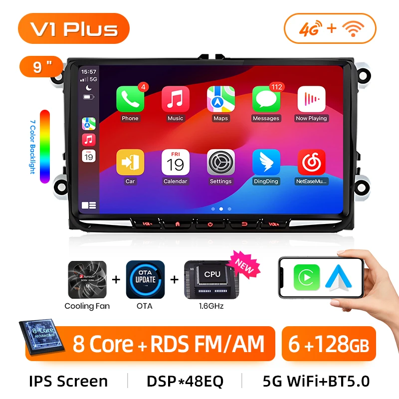 Junsun 9 "Android 13 Autoradio voor VW POLO GOLF Skoda PASSAT JETTA TIGUAN TOURAN Stereo GPS Multimedia Speler CarPlay 4G FM SWC